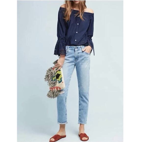 Isabella Sinclair Anthropologie Off-the-Shoulder Cotton Eyelet Top Navy Size L - Picture 2 of 15